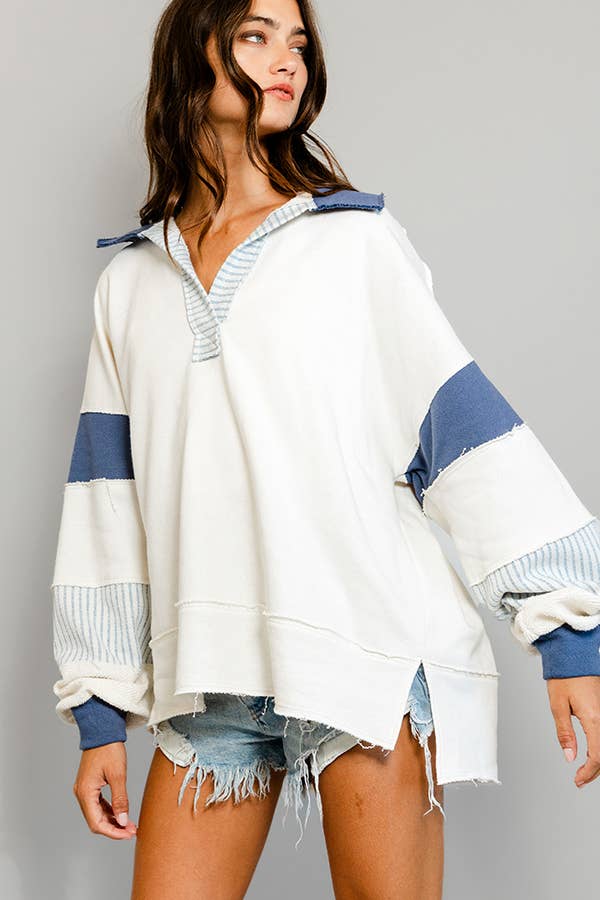 Clean Prep Pullover - Knit Color-block Collared Loose Fit Top