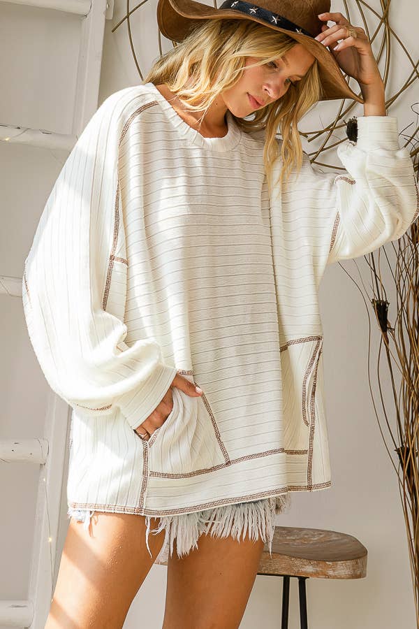 Textured  Bold Stripe Boxy Top: BROWN