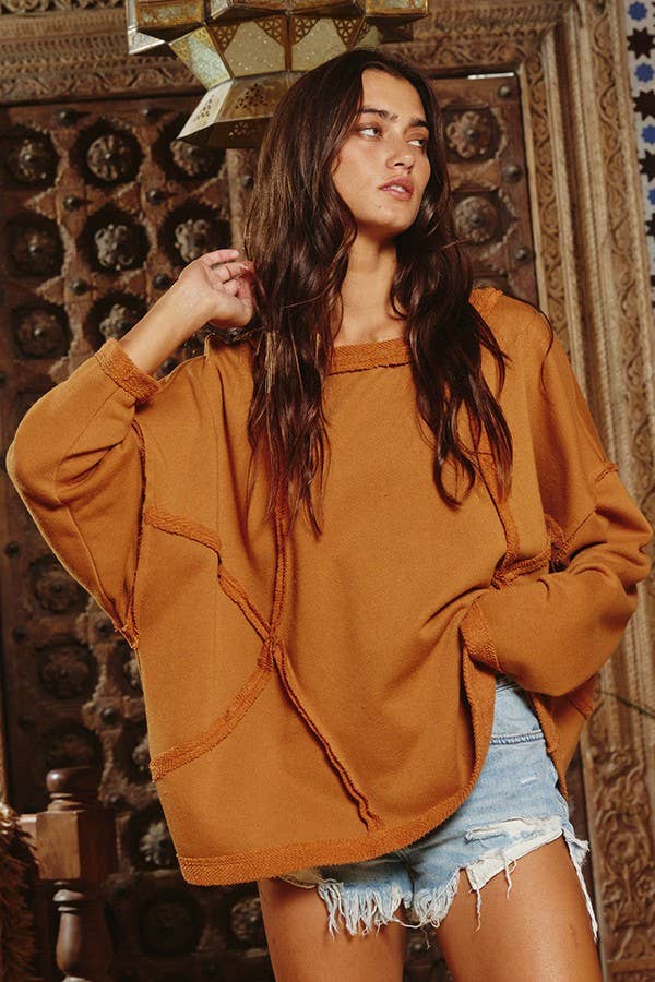 Oversized Solid Raw Edge Detail Long Sleeves Top CHARCOAL
