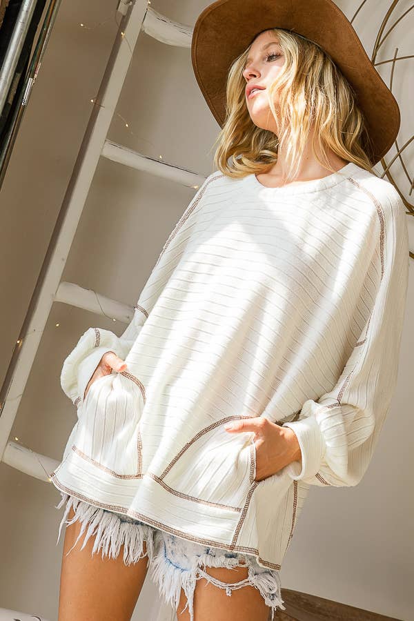 Textured  Bold Stripe Boxy Top: BROWN