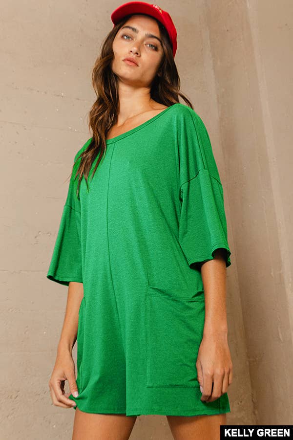 R5388 Crew Neckline V-back Oversized Solid Romper