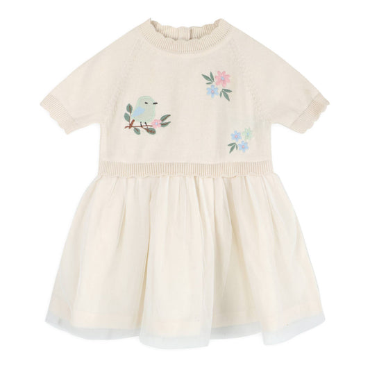 Bird Floral Embroidered Tutu Knit Baby Dress (Organic)