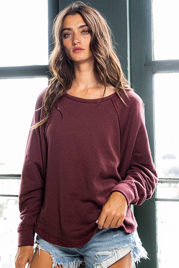 French Terry Round Hem Detailed Loose Fit Top TAUPE