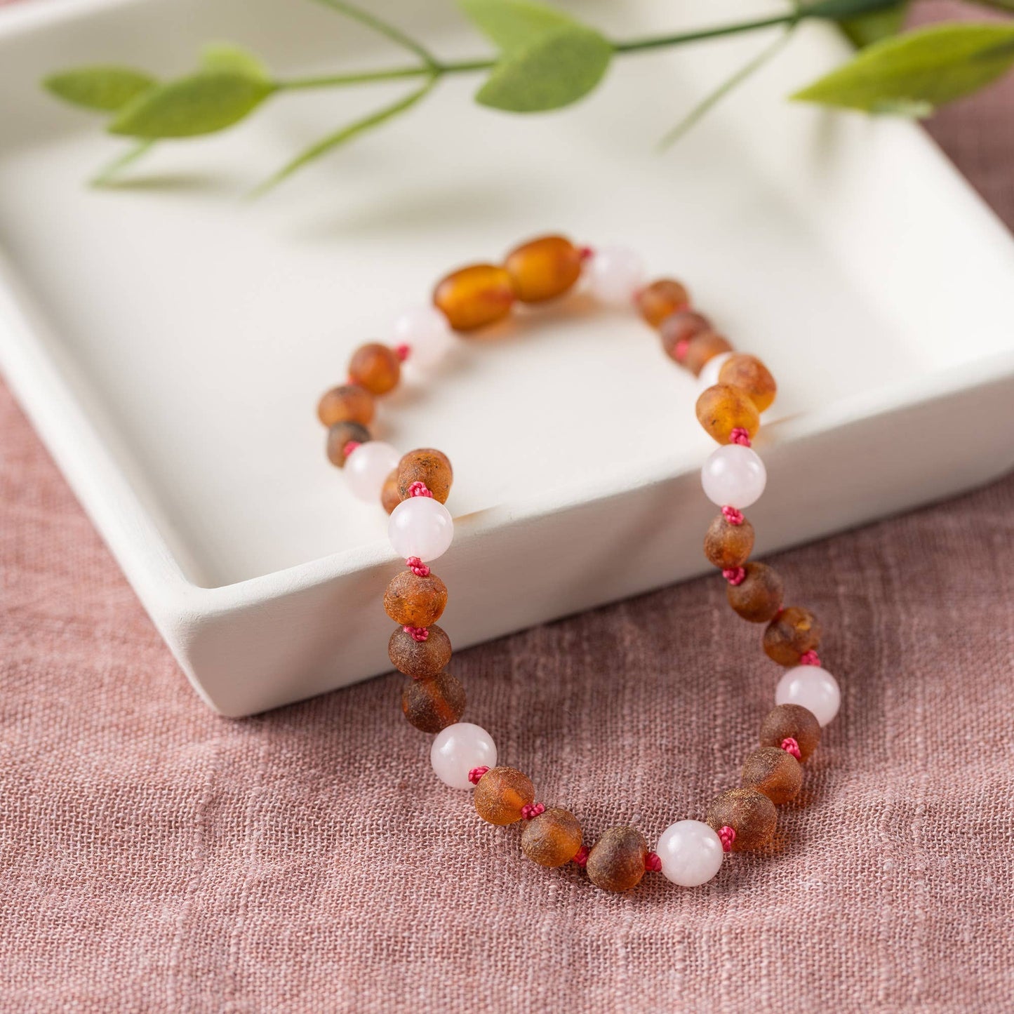 Adults | Rose Quartz + Raw Cognac Amber Anklet