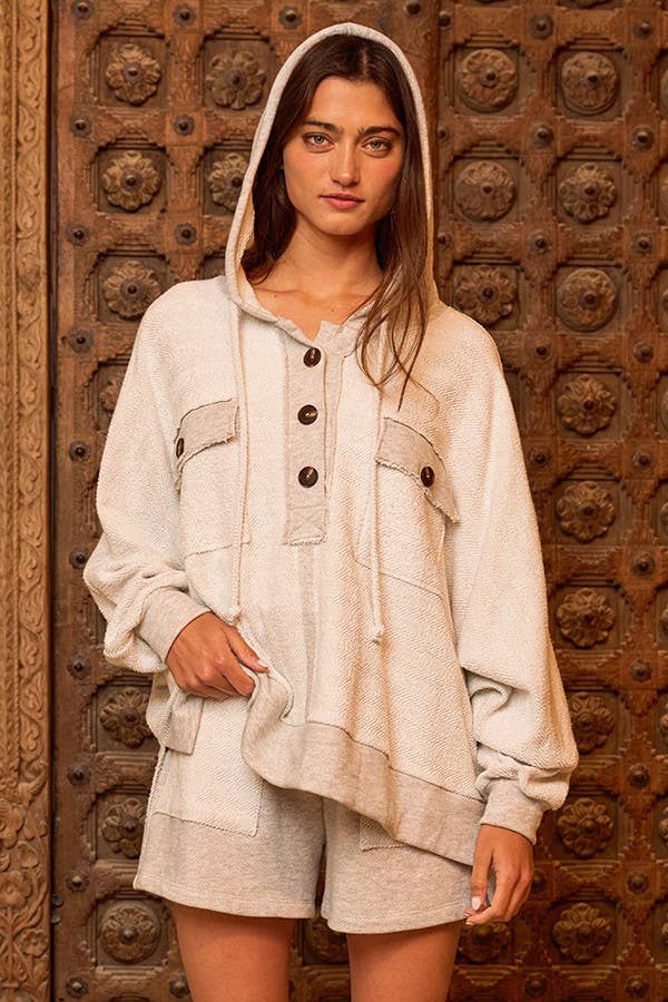 Button Up French Terry Knit Hoodie With Tunnel Hem: CREAM
