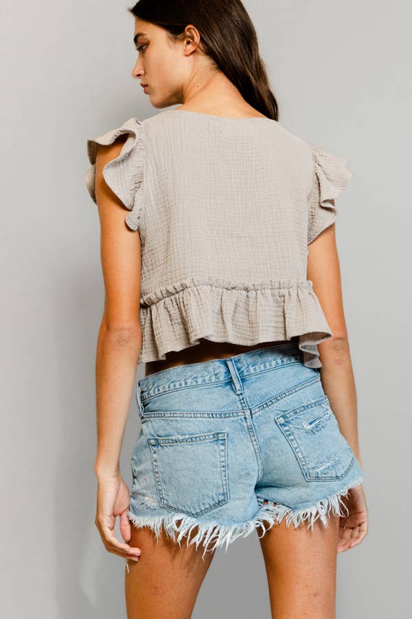 Cotton gauze Peplum Blouse Crop Top: TAUPE