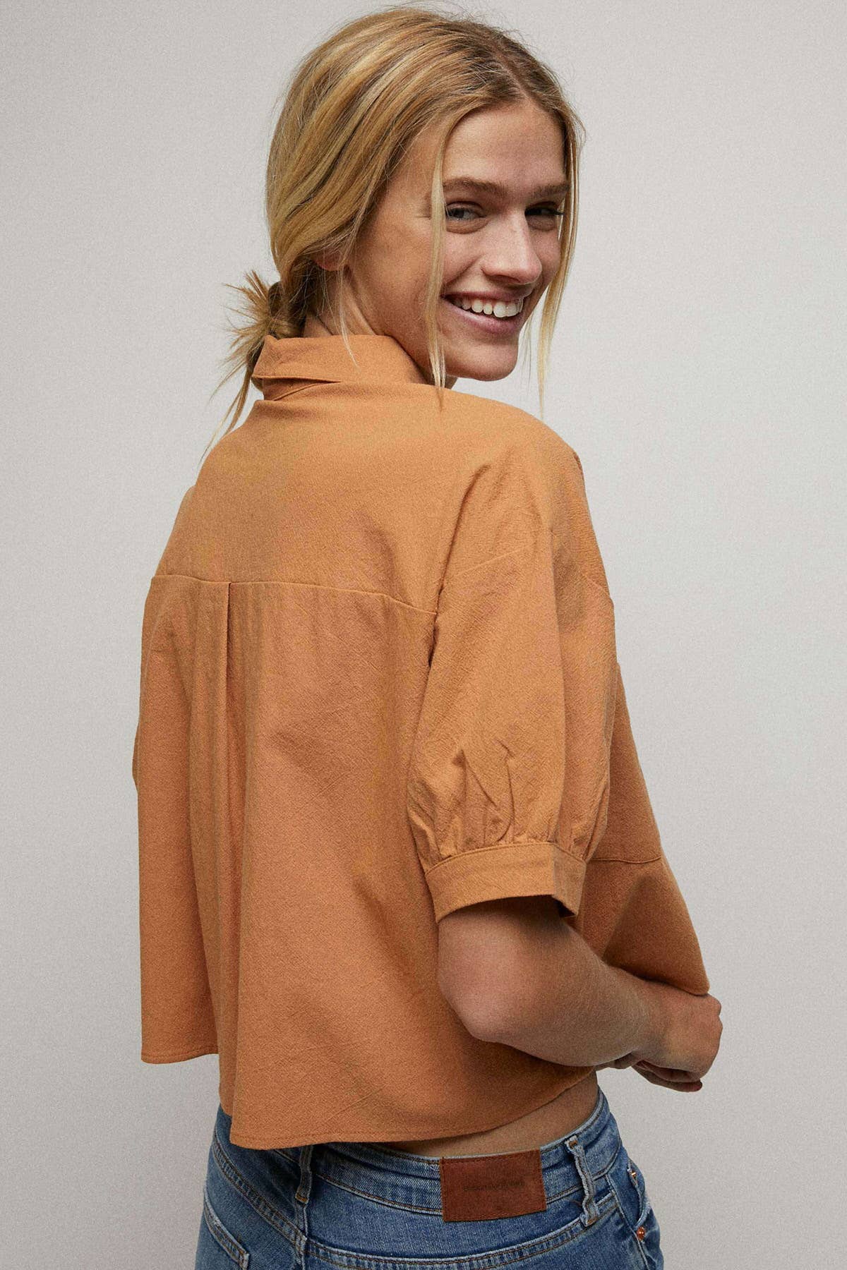Elbow Sleeves Button Down 2 Pocket Crop Shirt