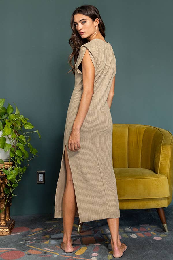 Split Side Rib Knit Midi Dress TAUPE