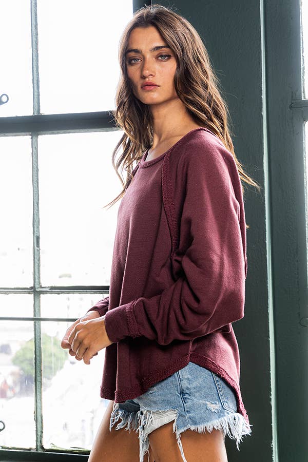 French Terry Round Hem Detailed Loose Fit Top TAUPE
