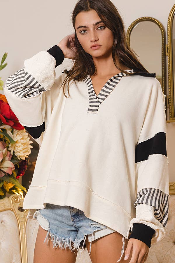 Clean Prep Pullover - Knit Color-block Collared Loose Fit Top