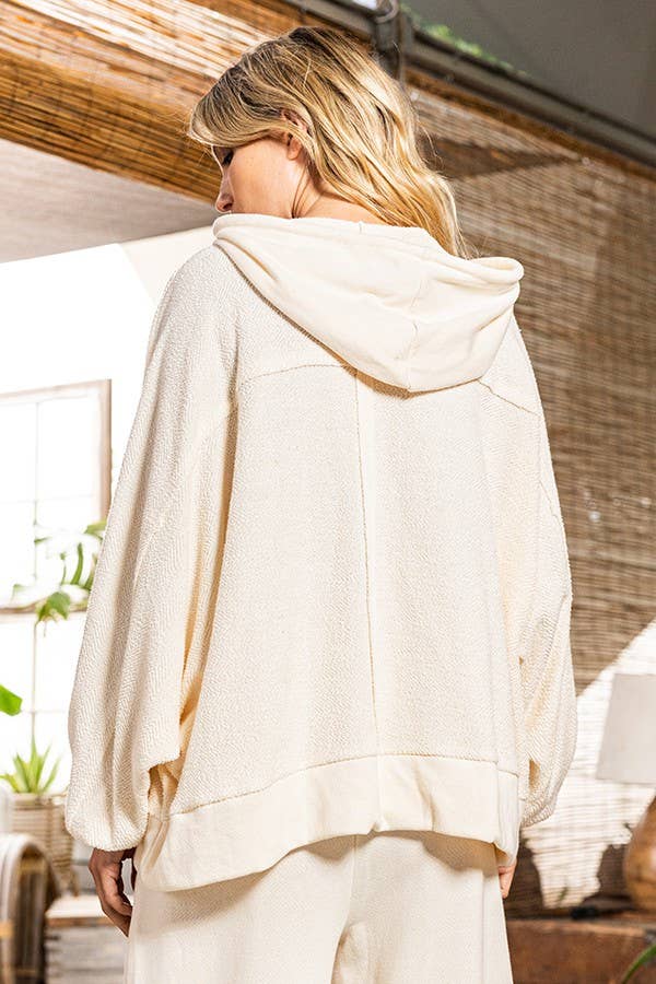 Button Up French Terry Knit Hoodie With Tunnel Hem: CREAM