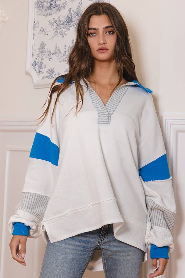 Clean Prep Pullover - Knit Color-block Collared Loose Fit Top