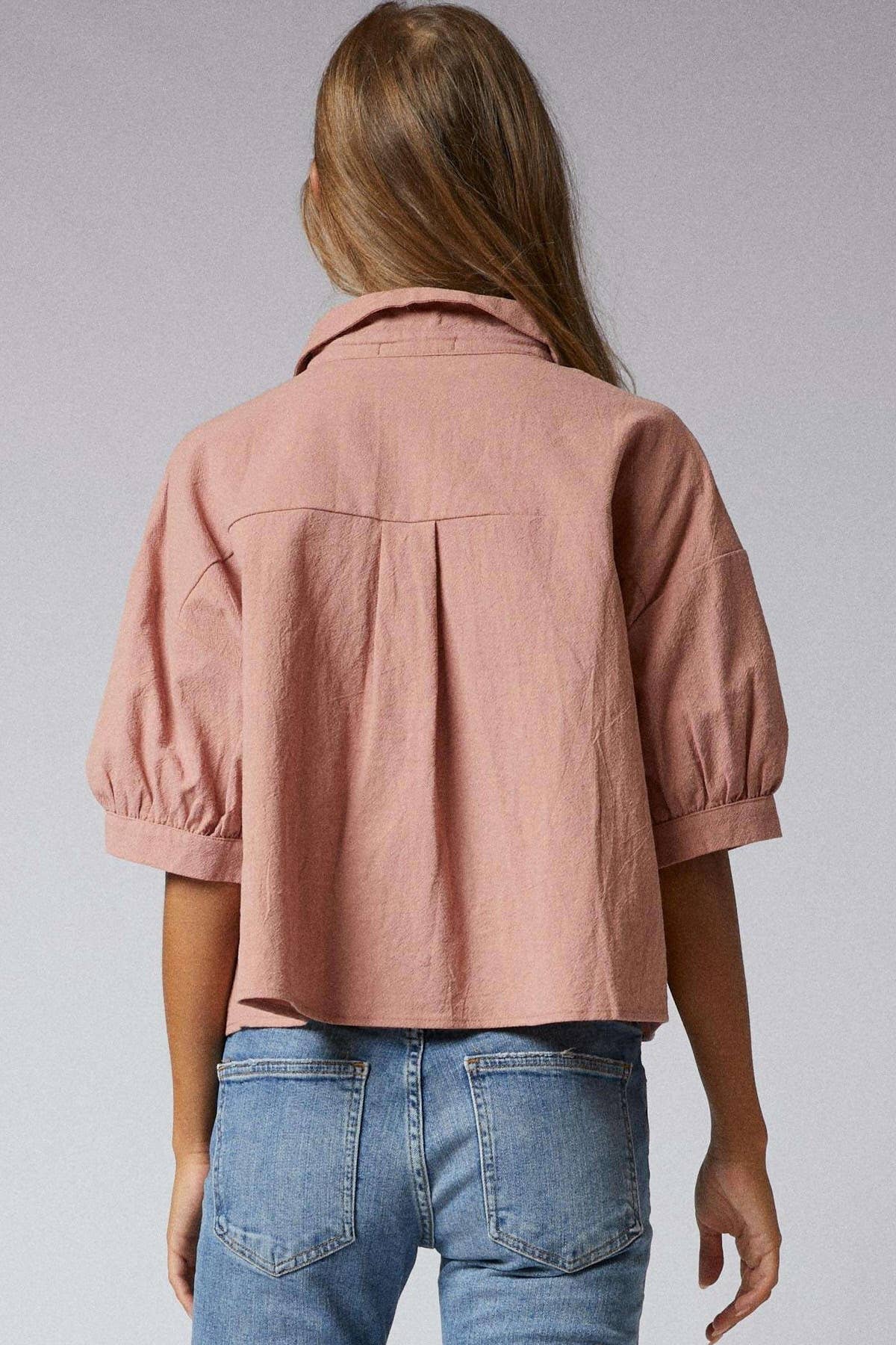 Elbow Sleeves Button Down 2 Pocket Crop Shirt