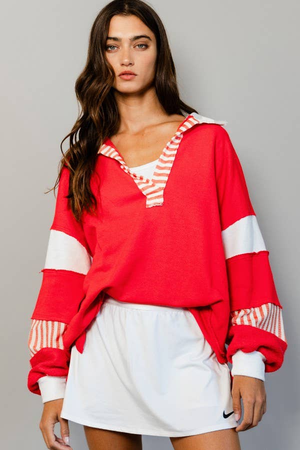 Clean Prep Pullover - Knit Color-block Collared Loose Fit Top