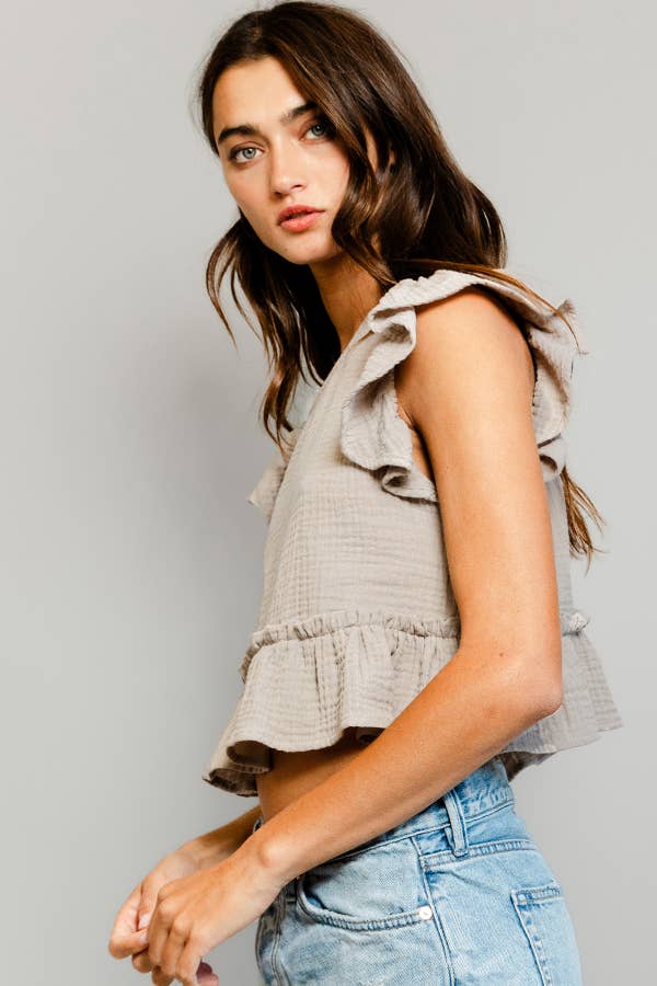 Cotton gauze Peplum Blouse Crop Top: TAUPE