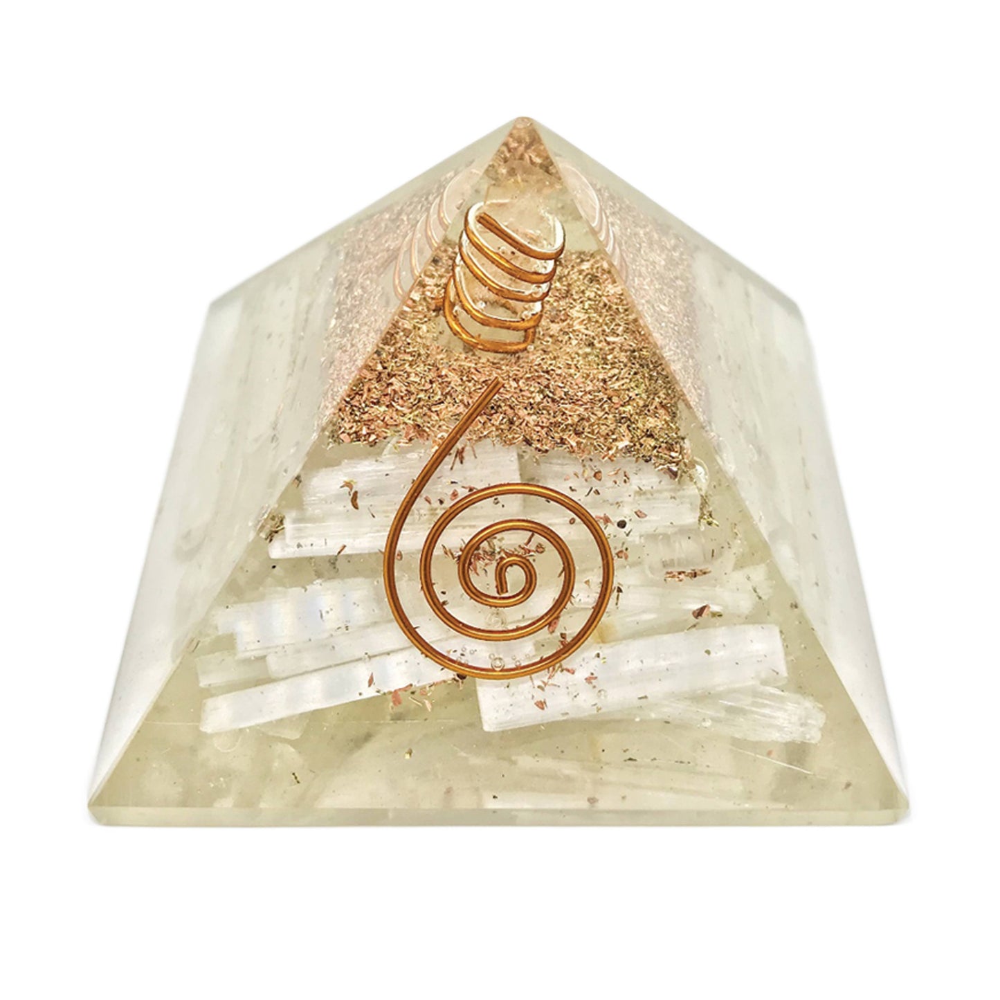 Selenite Orgonite Crystal Pyramid with Copper 60mm