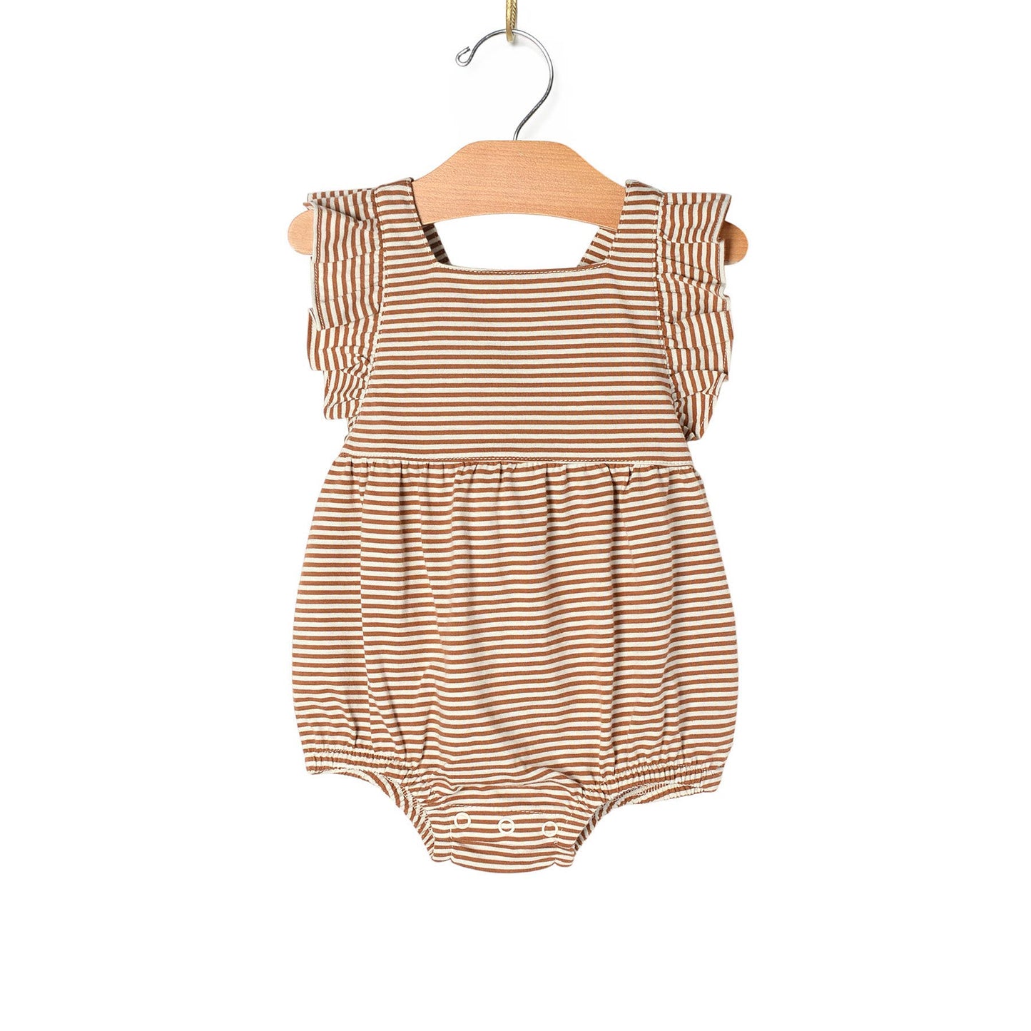 Baby Spring Overall Flutter Romper- Toffee Stripe