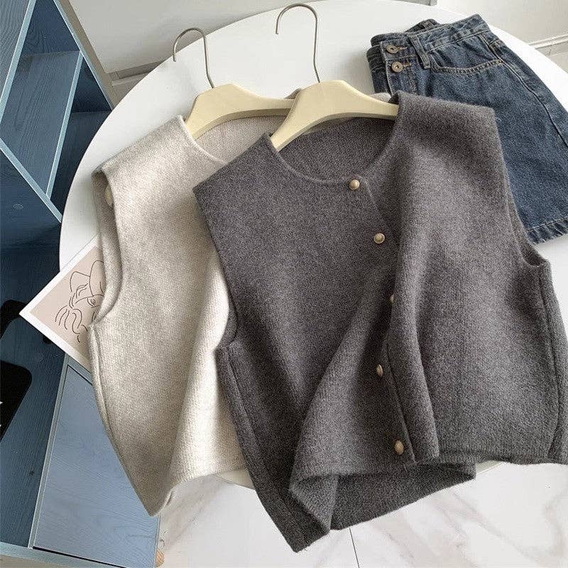 Sleeveless Knit Vest With Single Row Button Closure