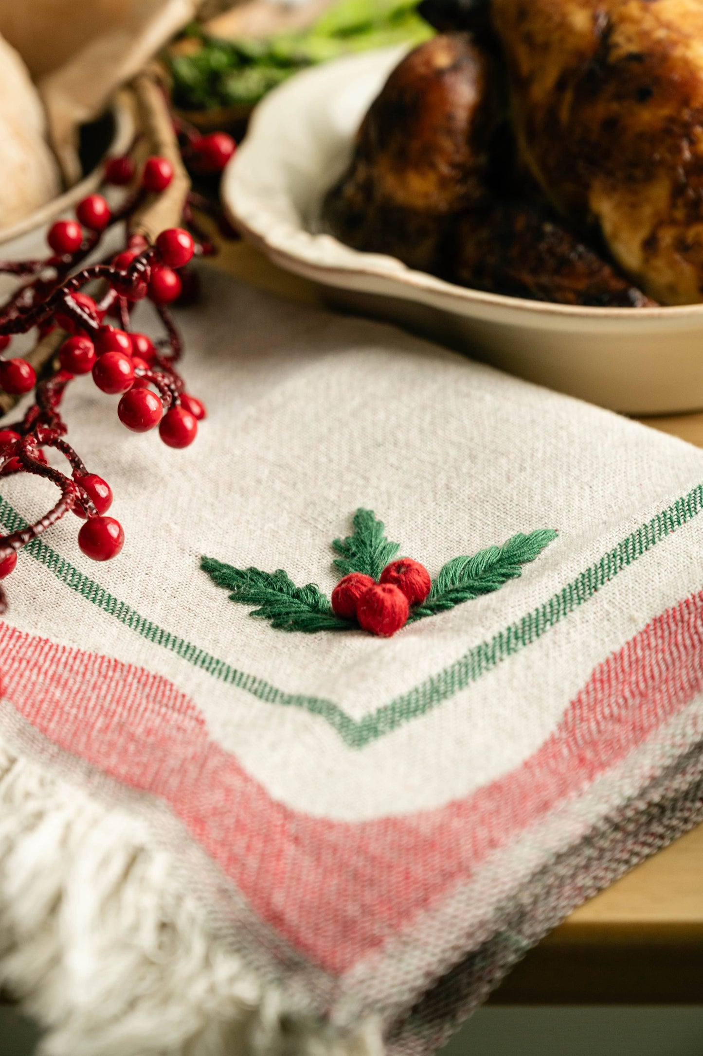 Holly Hand-Stitched Tea Towel Set