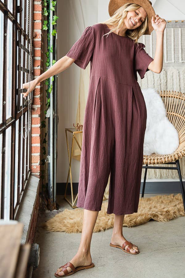 Cropped Wide Leg Pleated Solid Jumpsuit COFFEE