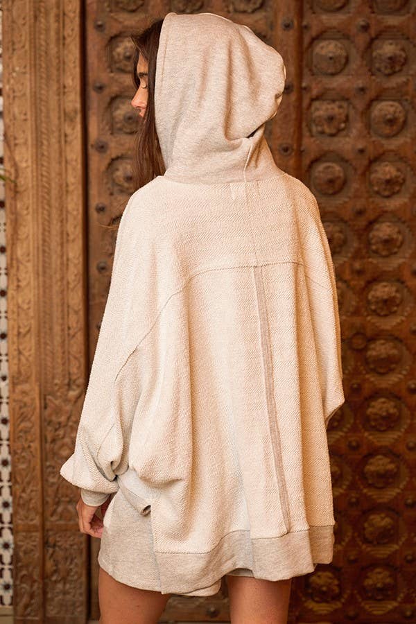 Button Up French Terry Knit Hoodie With Tunnel Hem: CREAM