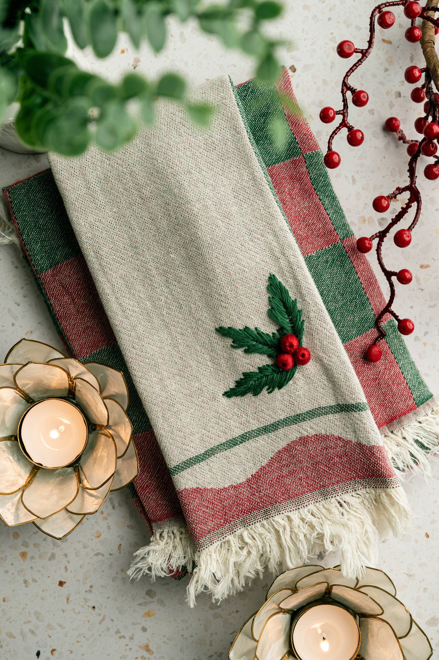 Holly Hand-Stitched Tea Towel Set