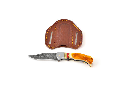 Burnt Bone folding knife with Leather Sheath