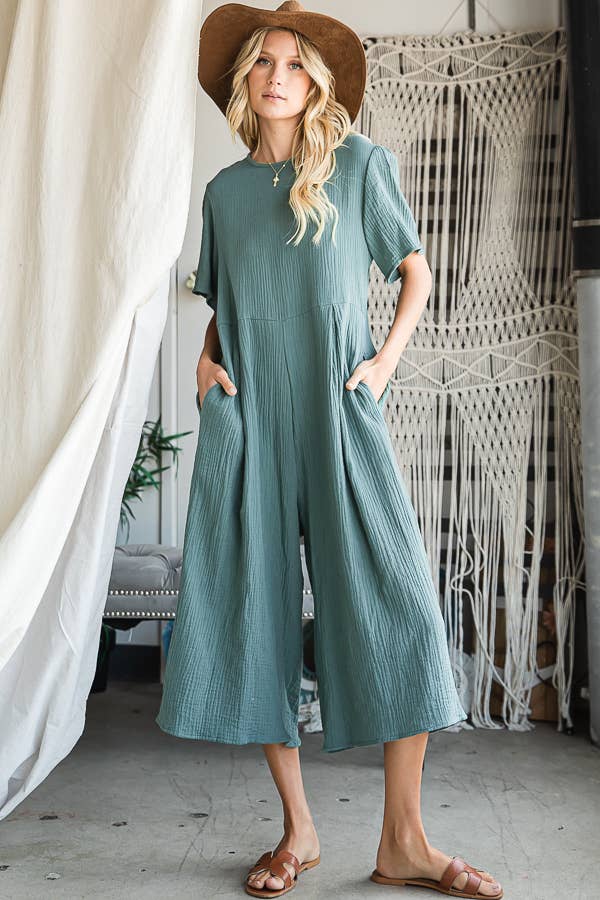 Cropped Wide Leg Pleated Solid Jumpsuit COFFEE