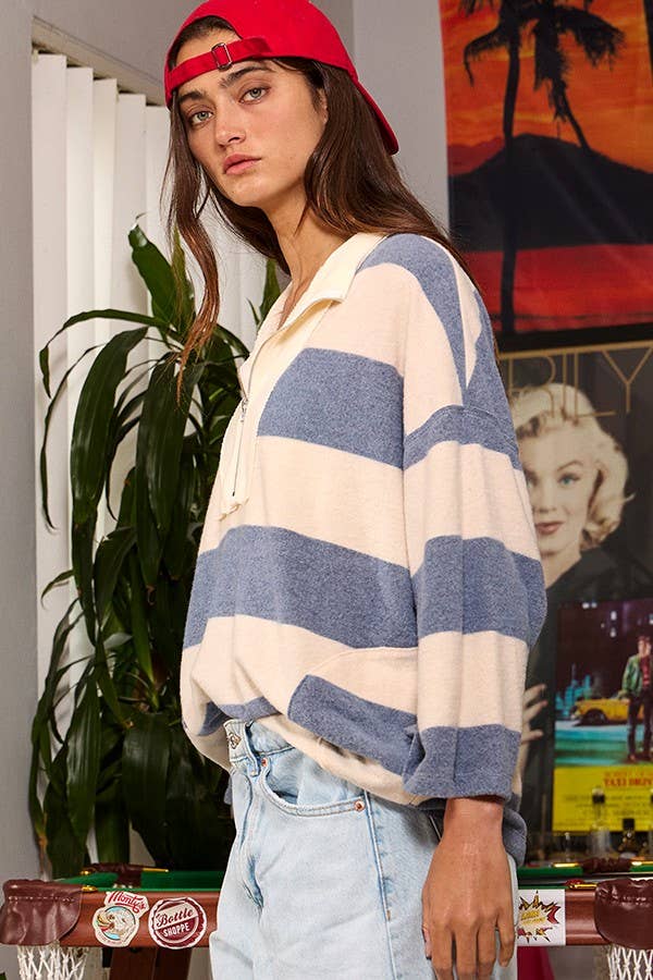 Half-Zip Stripe Brush Knit Pullover