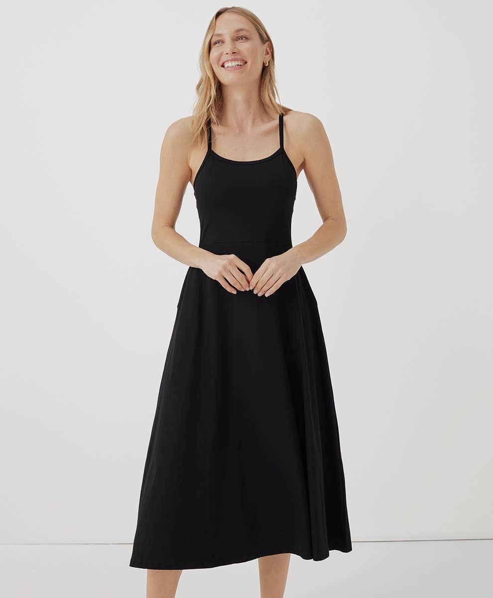 women's fit and flare midi dress Pact Organic Cotton & - Black Fitted bodice with gathered Lola Ruffle Shoulder Ruched Chocolate Dress Size:42H