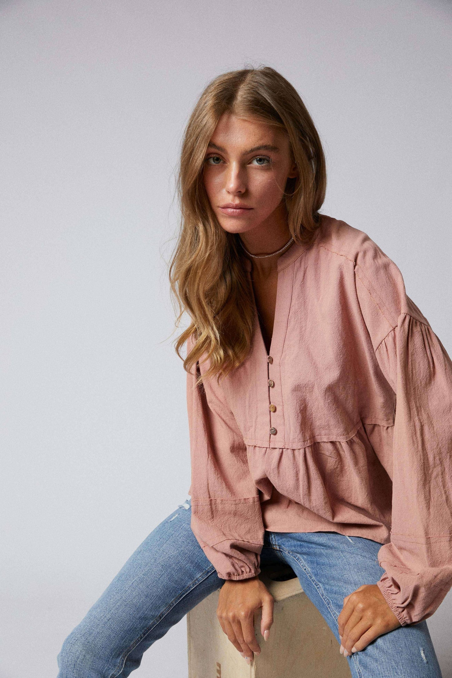 Half Placket Split Neck Baby Doll Top