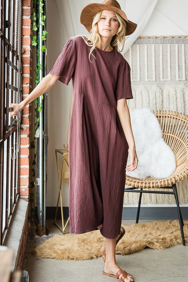 Cropped Wide Leg Pleated Solid Jumpsuit COFFEE