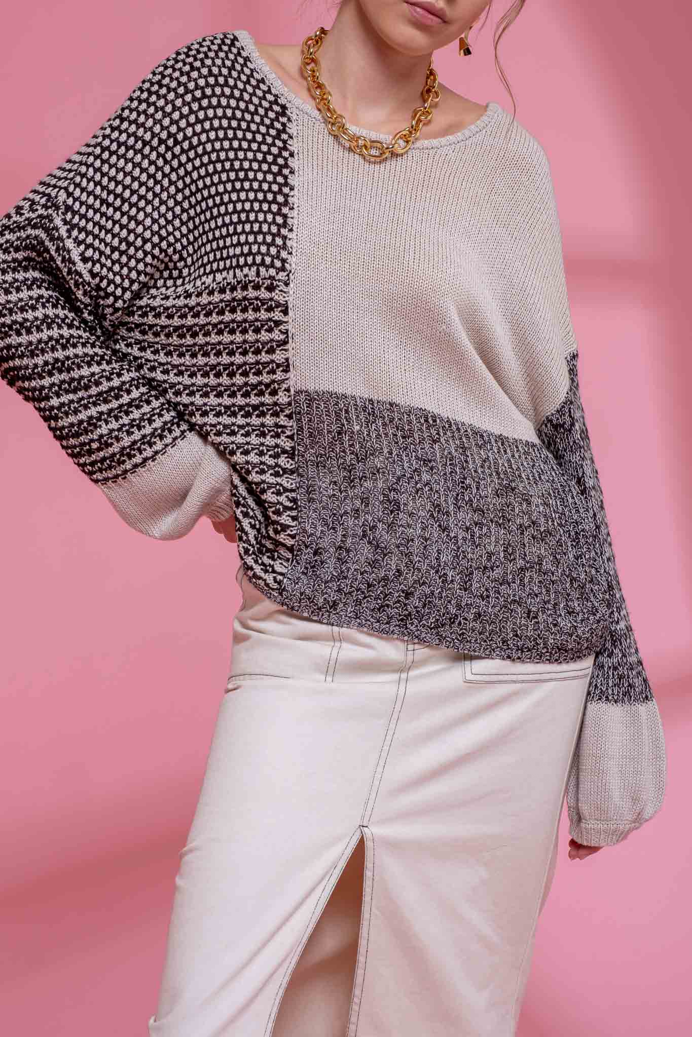 BACK TIE COLORBLOCK KNIT SWEATER