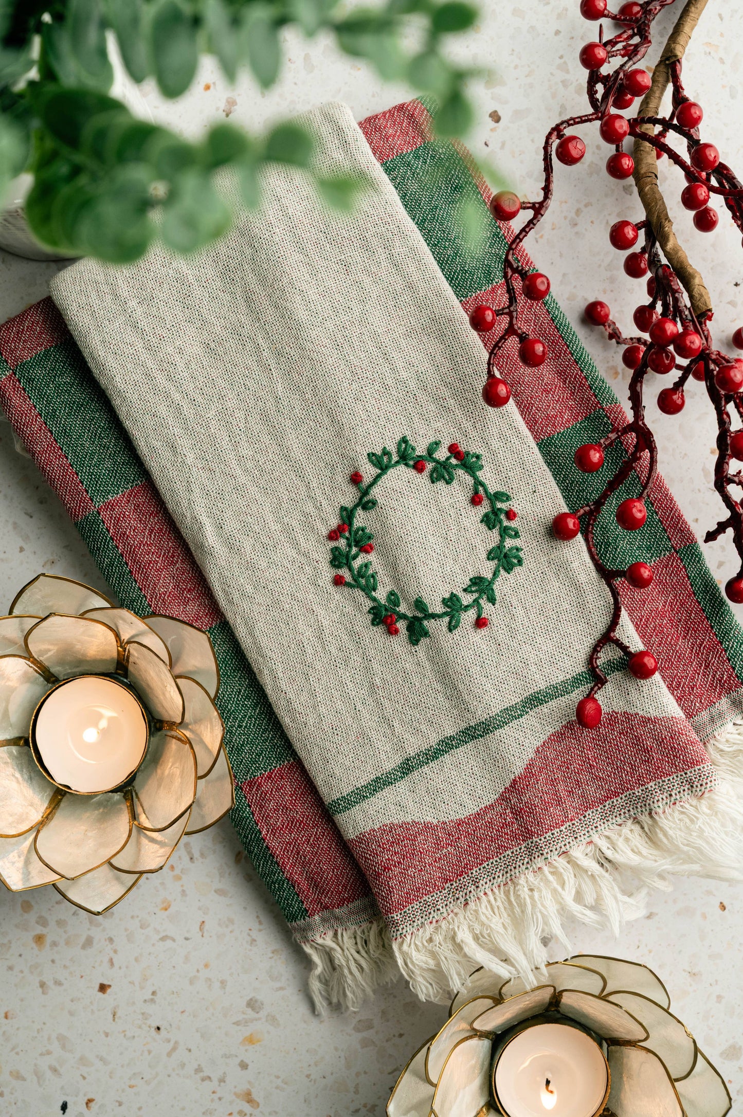 Wreath Hand-Stitched Tea Towel Set
