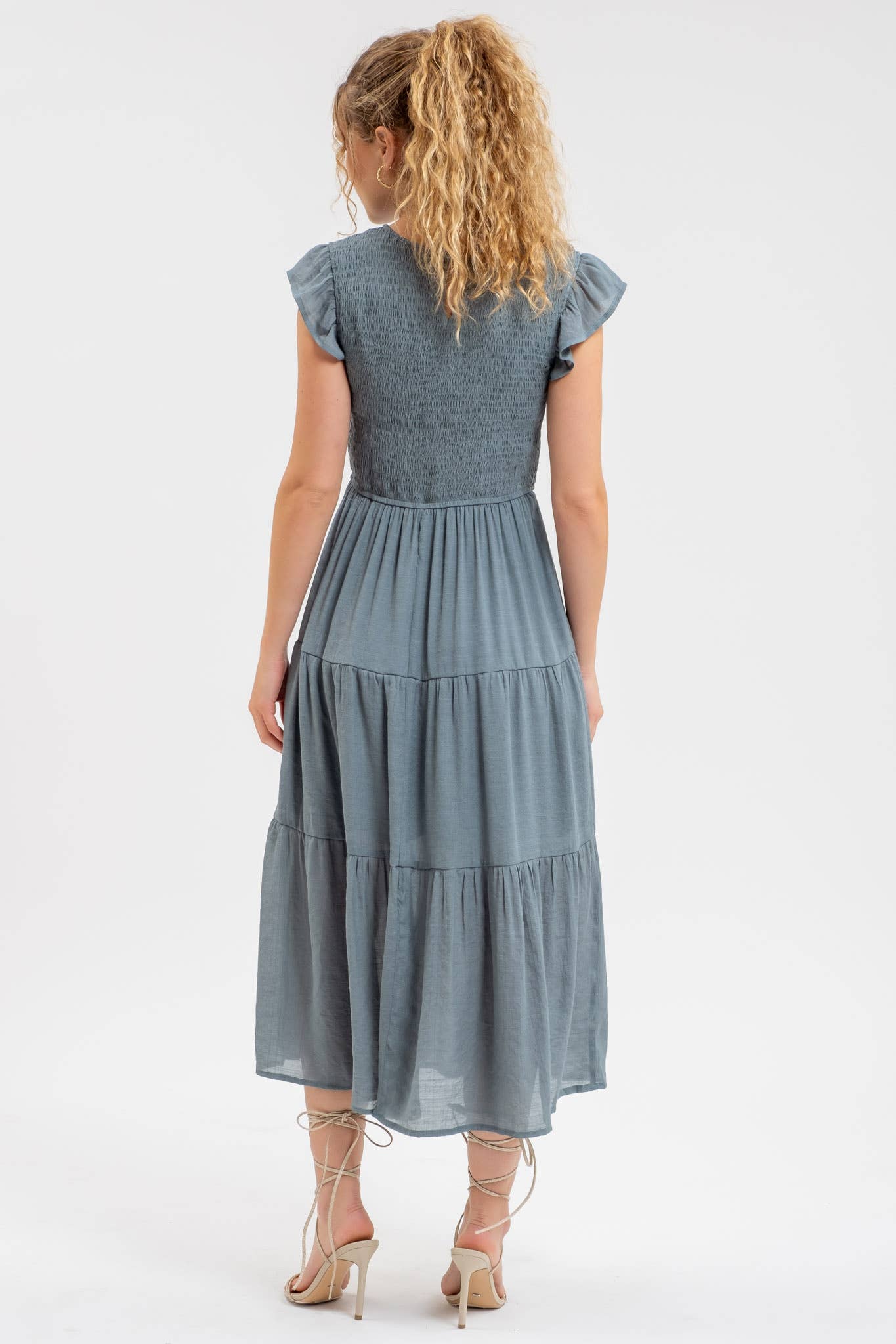 SMOCKED TIERED MIDI DRESS