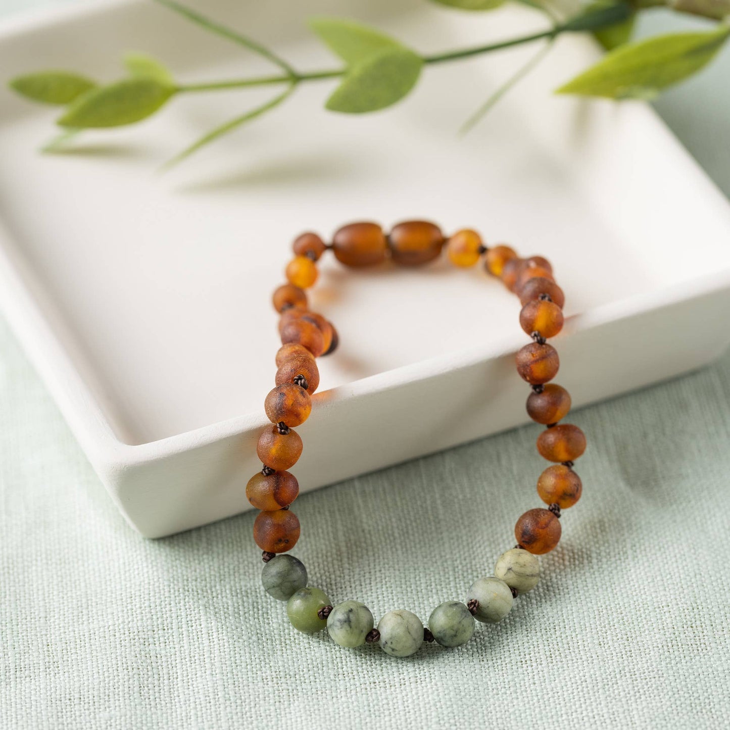 Adults | Green Jade + Raw Cognac Amber Anklet- 9.5”