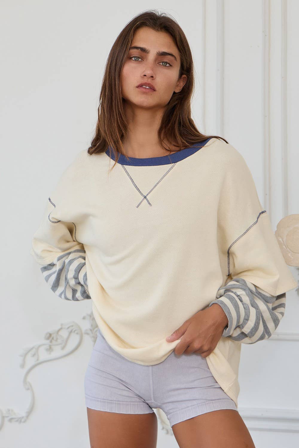 Striped Contrast Sleeve Oversized Terry Top