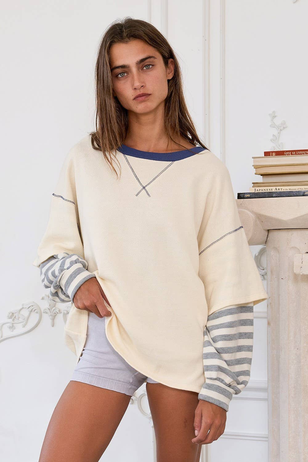 Striped Contrast Sleeve Oversized Terry Top