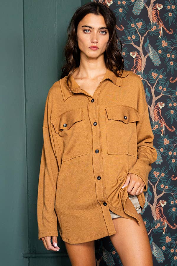 Solid Rib Knit Oversized Shacket Shirt CAMEL