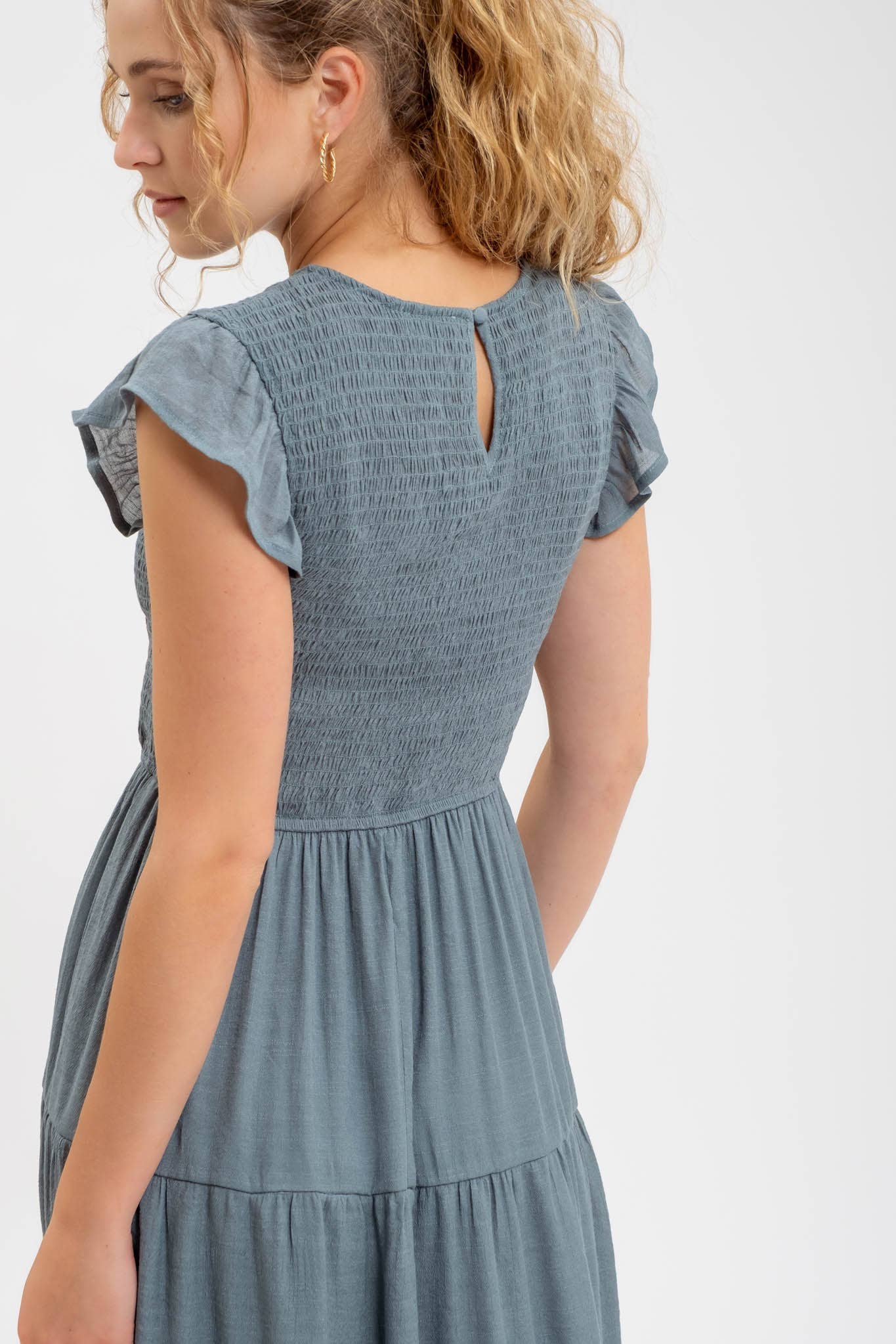 SMOCKED TIERED MIDI DRESS