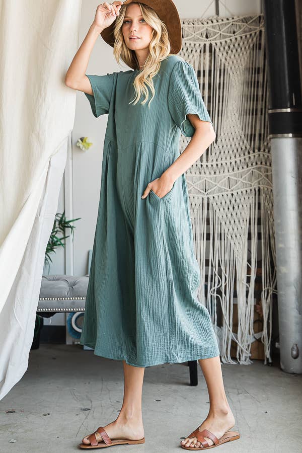 Cropped Wide Leg Pleated Solid Jumpsuit COFFEE