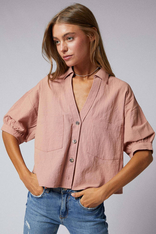 Elbow Sleeves Button Down 2 Pocket Crop Shirt