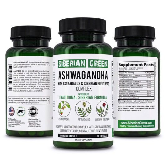 Organic Ashwagandha Root Astragalus & Siberian Eleuthero Ginseng Complex 60 Caps