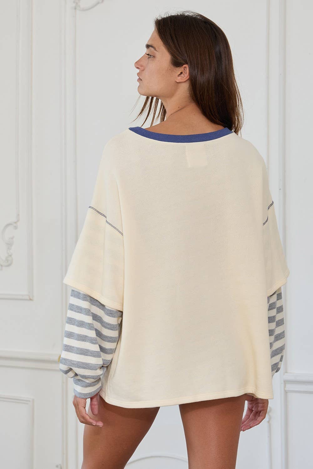 Striped Contrast Sleeve Oversized Terry Top