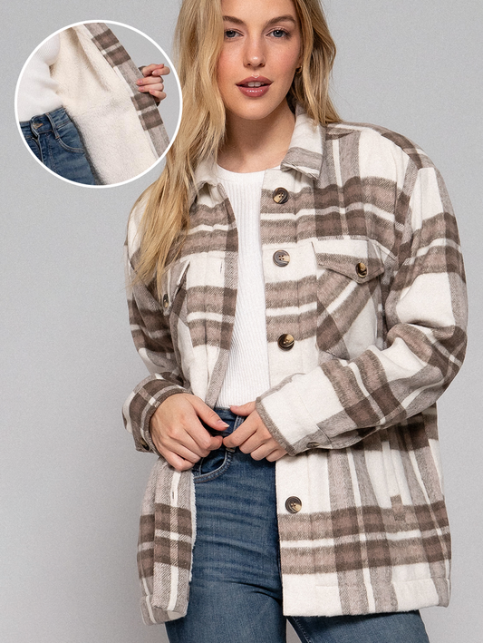 FAUX FUR BRUSHED PLAID JACKET W/ POCKET