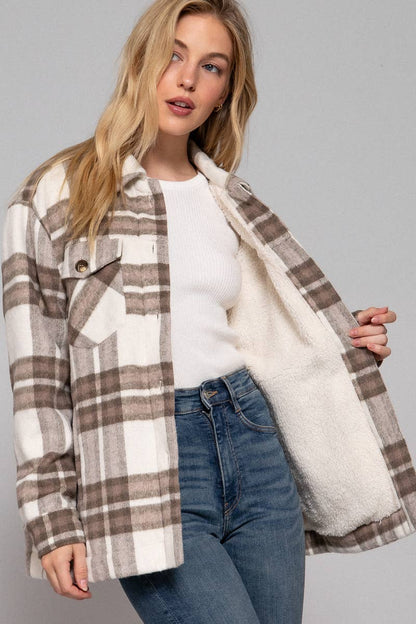 FAUX FUR BRUSHED PLAID JACKET W/ POCKET