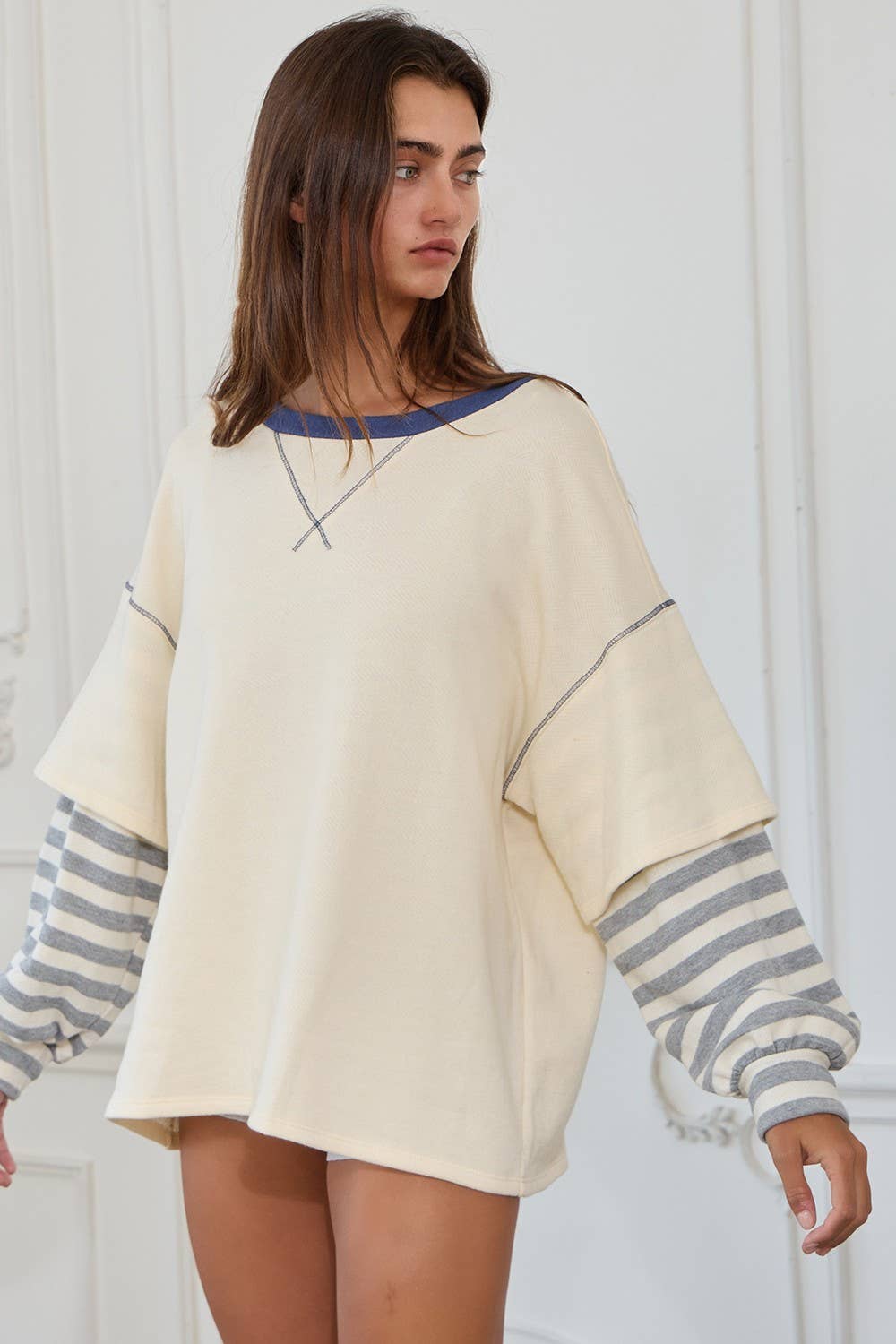 Striped Contrast Sleeve Oversized Terry Top