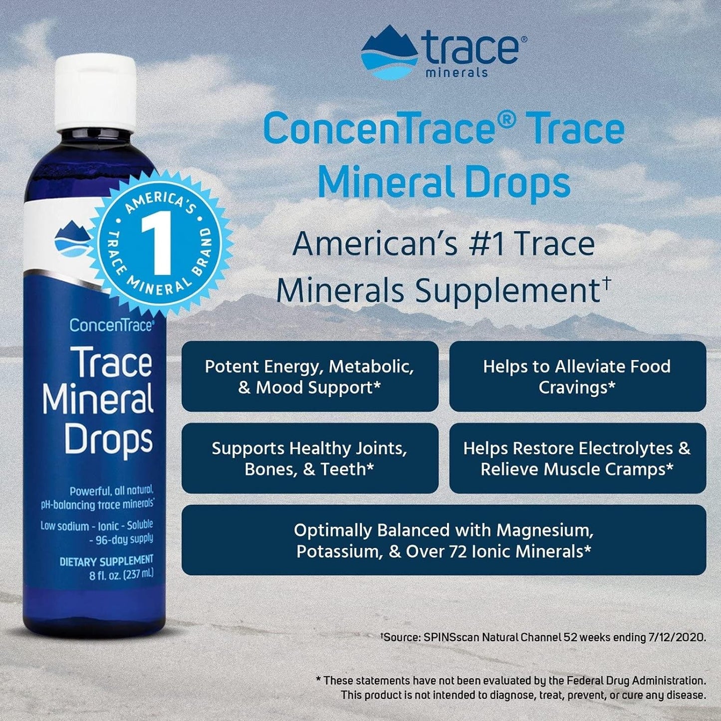 Trace Minerals ConcenTrace Drops | Full Spectrum Minerals | Ionic Liquid Magnesium, Chloride, Potassium | Low Sodium | Energy, Electrolytes, Hydration | 96 Day Supply, 8 fl oz