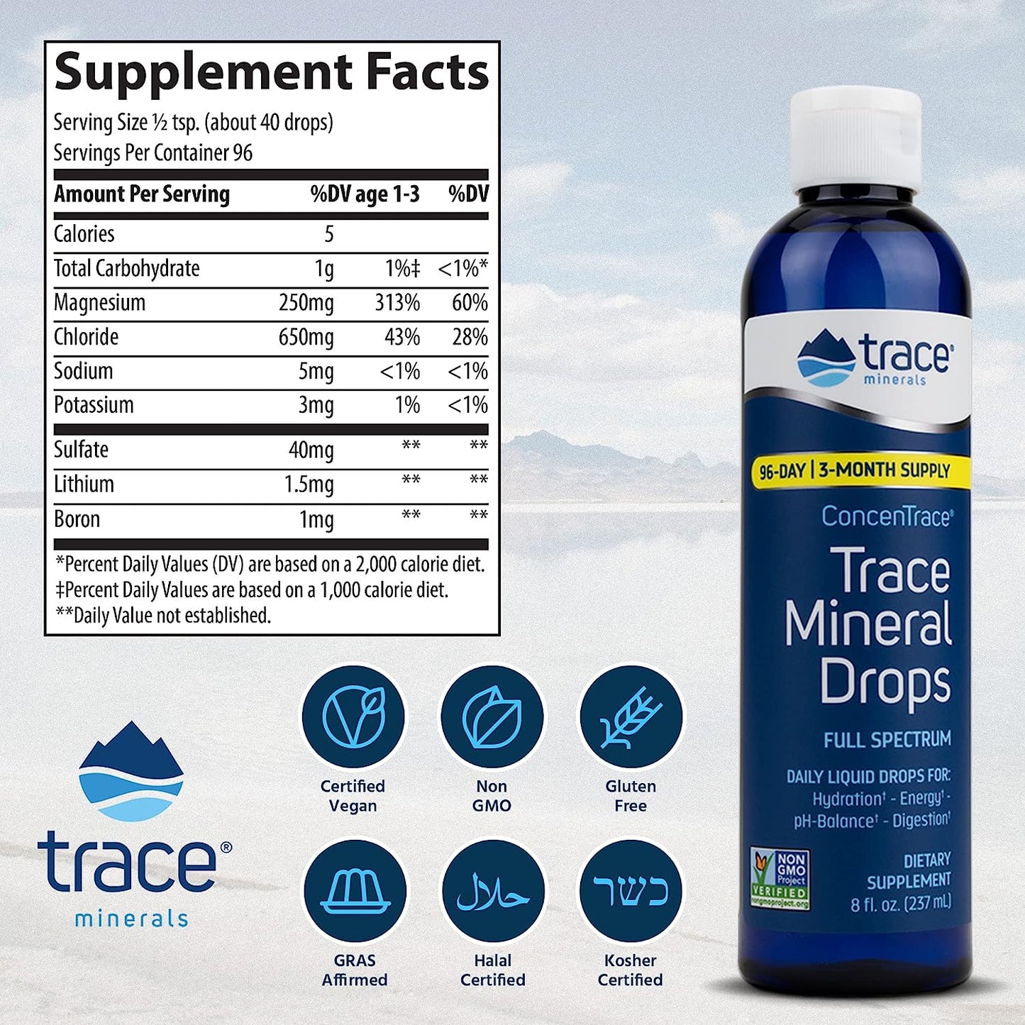 Trace Minerals ConcenTrace Drops | Full Spectrum Minerals | Ionic Liquid Magnesium, Chloride, Potassium | Low Sodium | Energy, Electrolytes, Hydration | 96 Day Supply, 8 fl oz