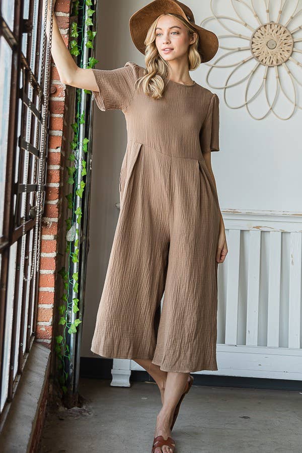 Cropped Wide Leg Pleated Solid Jumpsuit COFFEE